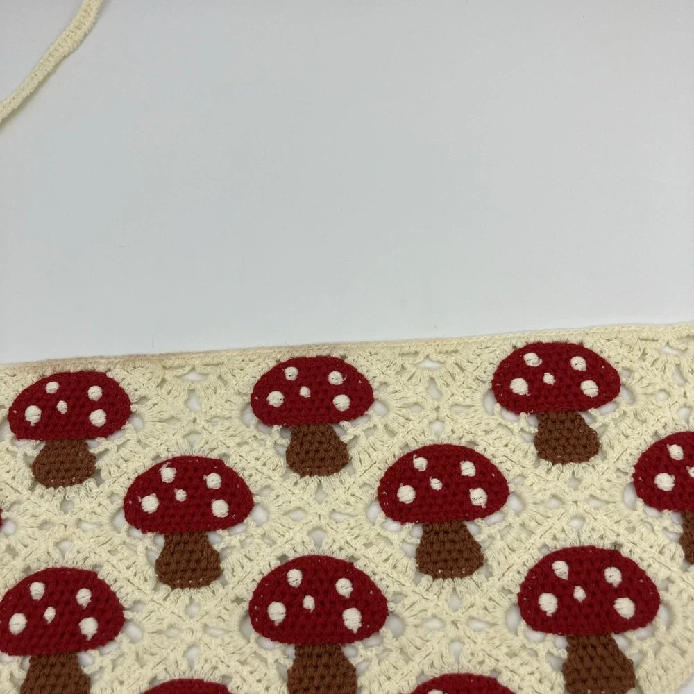 Crochet Mushroom Bandana Hair Kerchief Cottagecore Boho Head Scarf Red Cream Hip - Picture 3 of 10